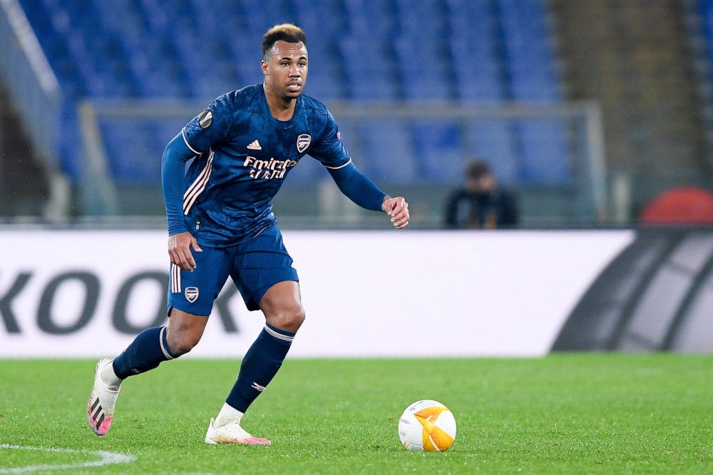 Gabriel Magalhaes of Arsenal FC during the UEFA Europa League round of 32 Leg 1 match between SL Benfica and Arsenal FC at Stadio Olimpico, Rome, I...