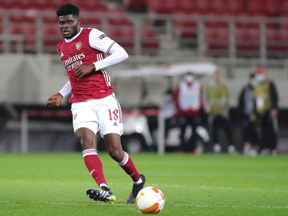 Thomas Partey of Arsenal during the UEFA Europa League match at Karaiskakis Stadium. Copyright: Yannis Halas