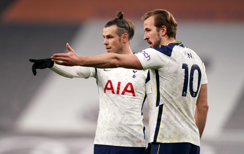 Tottenham Hotspur's Gareth Bale and Harry Kane gesture during the Premier League match at the Tottenham Hotspur Stadium, London. Picture date: Sund...