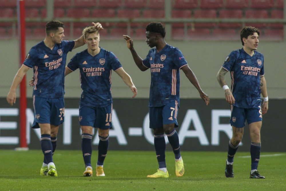 Olympiacos F.C. v Arsenal UEFA Europa League Martin odegaard of Arsenal celebrates with team mates after scoring their side s first goal during the...