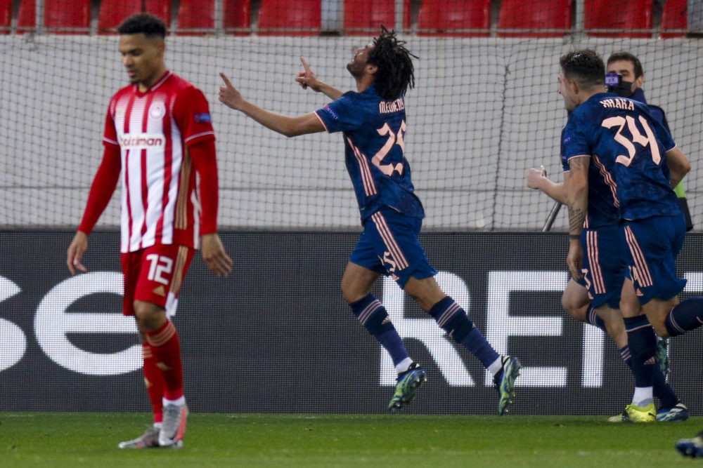 Olympiacos F.C. v Arsenal UEFA Europa League Mohamed Elneny of Arsenal celebrates after scoring their side s third goal during the UEFA Europa Leag...