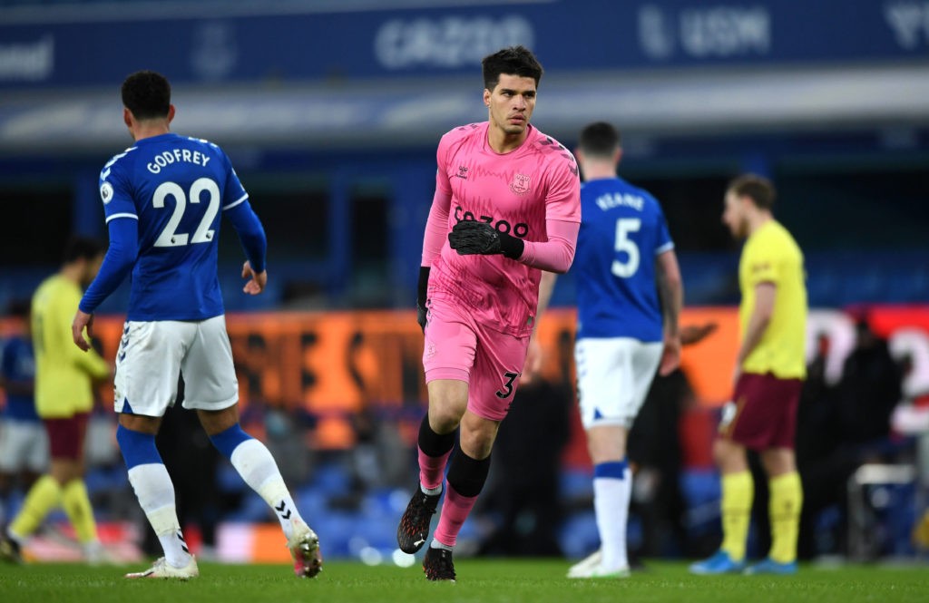 Everton goalkeeper Joao Virginia after being substituted on to the pitch during the Premier League match at Goodison Park, Liverpool. Picture date: Saturday March 13, 2021. Copyright: Gareth Copley