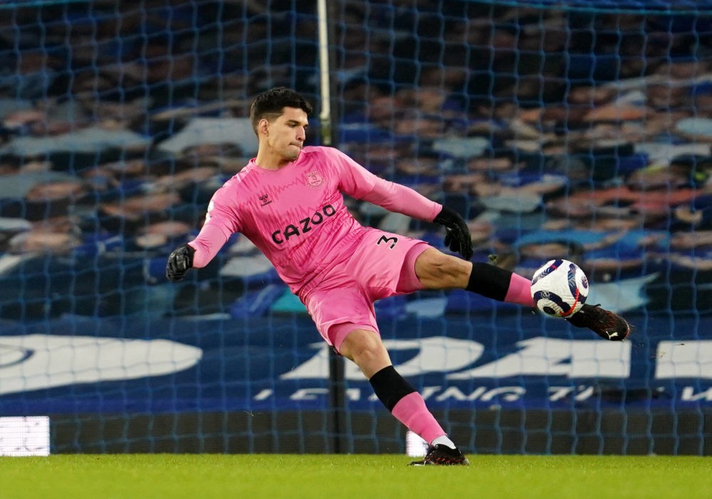 Everton goalkeeper Joao Virginia in action during the Premier League match at Goodison Park, Liverpool. Picture date: Saturday March 13, 2021. Copy...