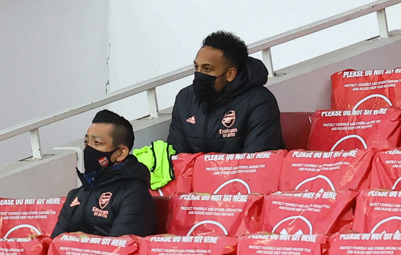 Arsenal v Tottenham Hotspur - Premier League - Emirates Stadium Arsenal s Pierre-Emerick Aubameyang right in the substitute s area in the stands du...