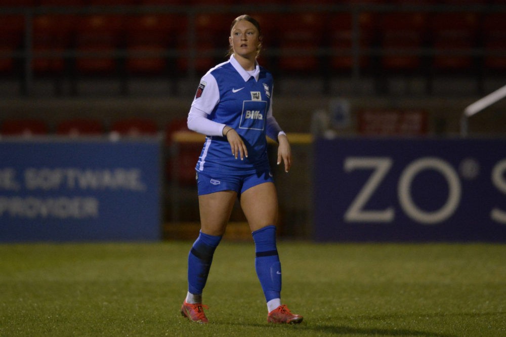 Ruby Mace of Birmingham City Women in action during Womens Super League match between West Ham Women and Birmingham City Women at The Chigwell Cons...