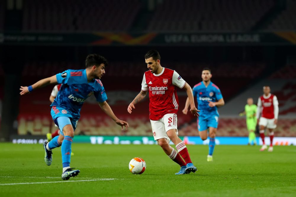 Arsenal release 5 senior players & 4 youngsters 2 18th March 2021 Emirates Stadium, London, England UEFA Europa League Football, Arsenal versus Olympiacos Dani Ceballos of Arsenal takes on Thanasis Androutsos of Olympiakos Shaun Brooks