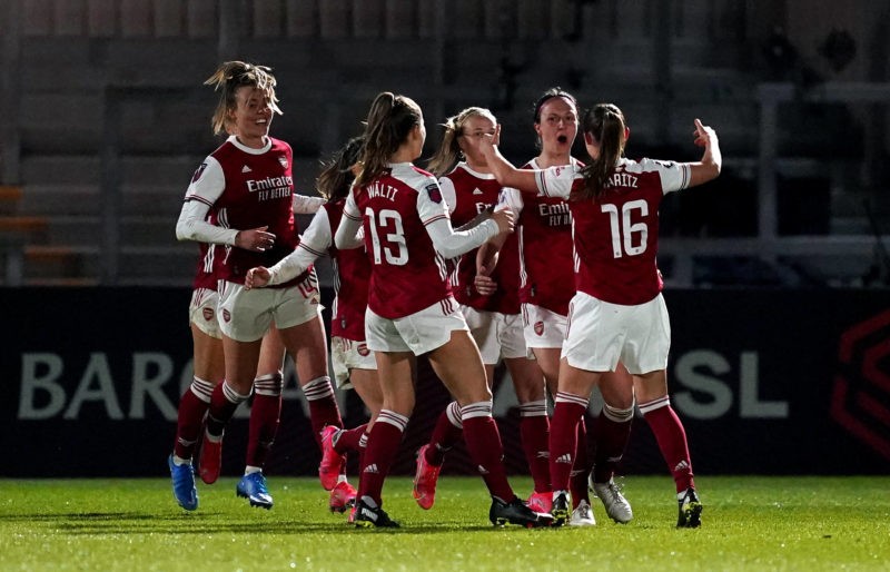 Arsenal v Manchester United, ManU - FA Women s Super League - Meadow Park Arsenal s Lotte Wubben-Moy second right celebrates scoring their side s s...