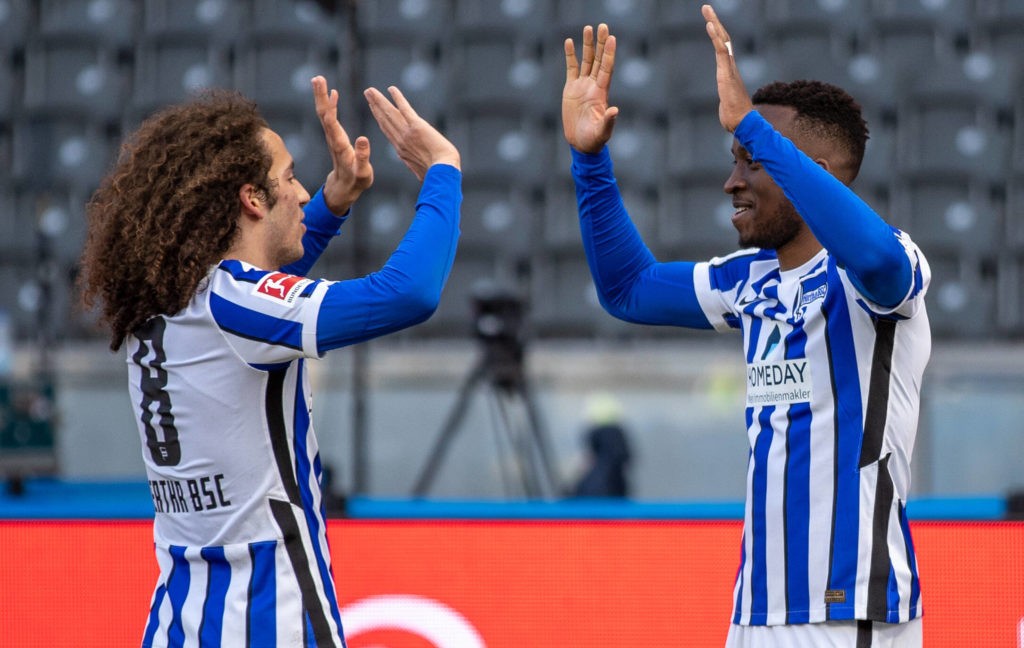 Matteo Guendouzi and Dodi Lukebakio celebrate a goal in the match between Hertha BSC and Bayer 04 Leverkusen, at the Olympiastadion. Berlin, 21.03.21. Photo: Andreas Gora