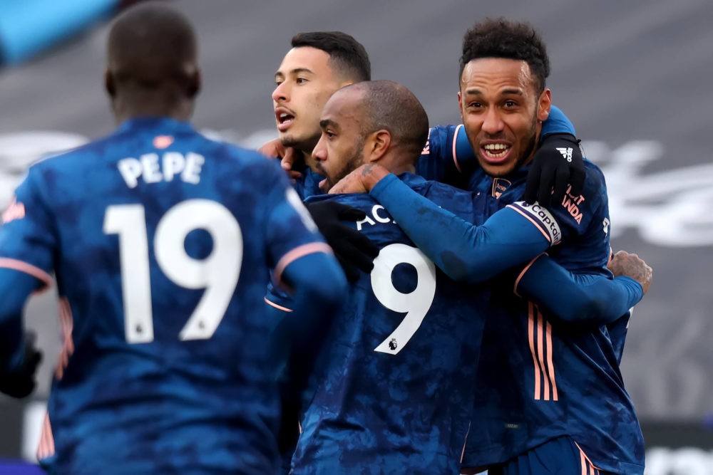 Will Arsenal be able to avoid a Hammering? 2 21st March 2021 - London Stadium, London, West Ham United versus Arsenal. Alexandre Lacazette of Arsenal celebrates after scoring for 3-3 in the 82nd minute. Photo: Shaun Brooks