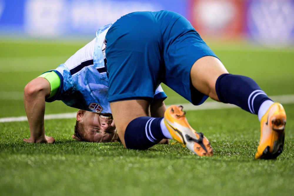 Martin Odegaard of Norway in pain during the FIFA World Cup Qualifier football match between Gibraltar and Norway on March 24, 2021, in Gibraltar. ...
