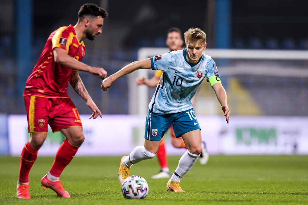 Arsenal results for 15 players on international duty 9 Sead Haksabanovic of Montenegro and Martin Odegaard of Norway during the FIFA World Cup Qualifier football match between Montenegro and Norway on March 30, 2021. Photo: Vegard Wivestad Grott / BILDBYRAN