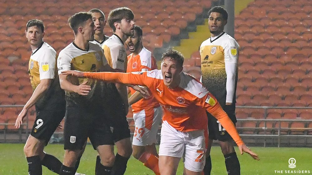 Daniel Ballard celebrating scoring for Blackpool (Photo via Blackpool on Twitter)