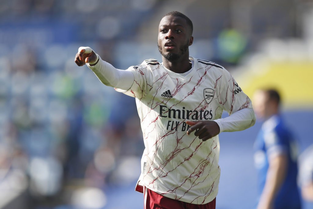 LEICESTER, ENGLAND - FEBRUARY 28: Nicolas Pepe ofArsenal reacts during the Premier League match between Leicester City and Arsenal at The King Power Stadium on February 28, 2021 in Leicester, England. Sporting stadiums around the UK remain under strict restrictions due to the Coronavirus Pandemic as Government social distancing laws prohibit fans inside venues resulting in games being played behind closed doors. (Photo by Malcolm Couzens/Getty Images)