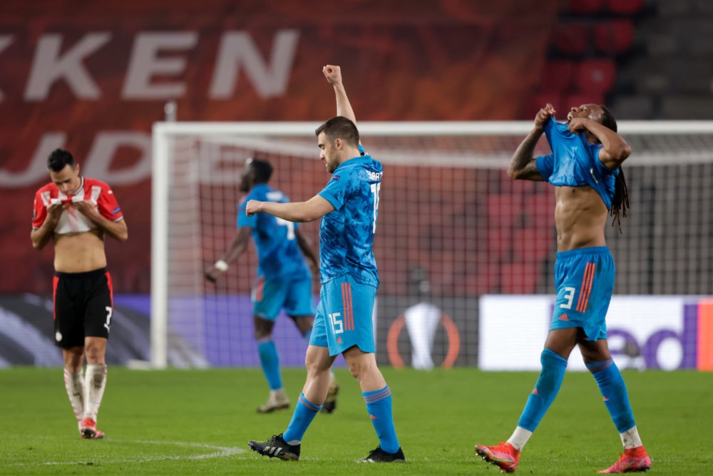 EINDHOVEN, NETHERLANDS: Sokratis Papastathopoulos of Olympiacos, Ruben Semedo of Olympiacos during the UEFA Europa League match between PSV and Oly...