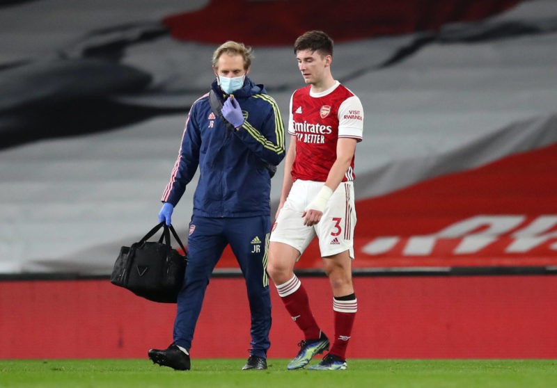 Arsenal v Liverpool - Premier League - Emirates Stadium Arsenal s Kieran Tierney walks off the pitch with an injury during the Premier League match...