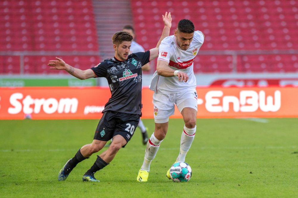 Romano Schmid of SV Werder Bremen and Konstantinos Mavropanos of VfB Stuttgart. Germany, Stuttgart, 04.04.2021. (Photo via Getty Images)