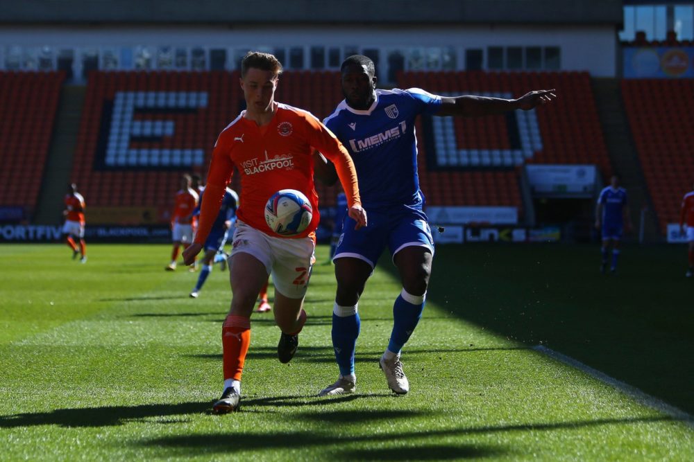 Blackpool's Daniel Ballard and John Akinde of Gillingham, Blackpool v Gillingham, EFL Sky Bet League One, Football, Bloomfield Road, Blackpool, UK ...
