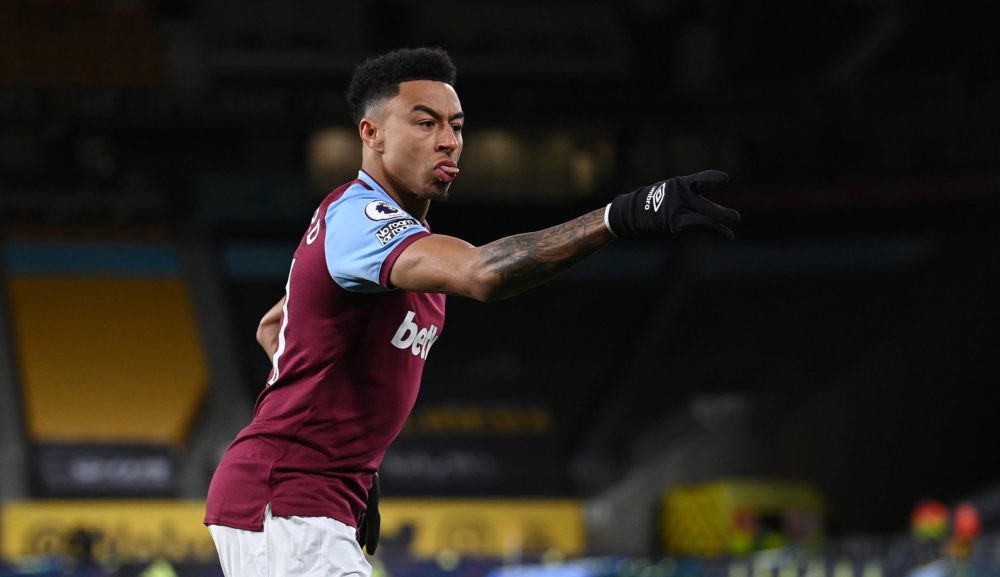 Jesse Lingard of West Ham celebrates scoring the 1st goal Wolverhampton Wanderers v West Ham United, Premier League, Football, Molineux Stadium, Wolverhampton, 05 Apr 2021 Copyright: Paul Currie/BPI/Shutterstock