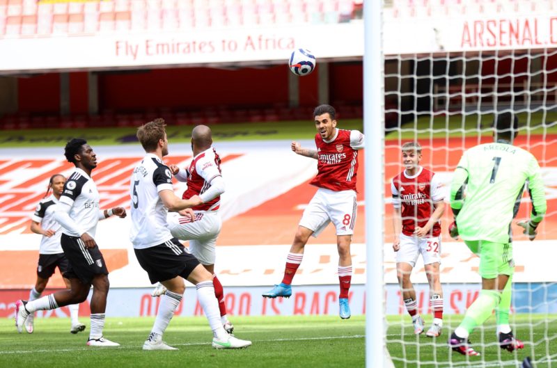 Arsenal v Fulham - Premier League - Emirates Stadium Arsenal s Dani Ceballos centre scores a goal, but is caught offside during the Premier League match at the Emirates Stadium, London. Picture date: Sunday April 18, 2021. Copyright: Julian Finney
