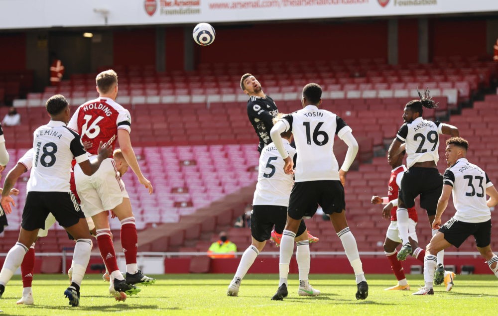 18th April 2021. Mat Ryan of Arsenal goes up for a last-minute corner during the Premier League match at the Emirates Stadium, London. Picture: Dav...