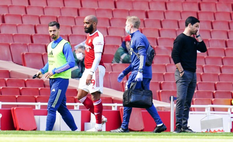 Alexandre Lacazette of Arsenal goes off injured past manager Mikel Arteta Arsenal v Fulham, Premier League, Football, The Emirates Stadium, London, UK - 18 Apr 2021 Photo by Javier Garcia/BPI/Shutterstock