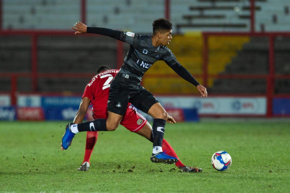 Accrington Stanley v Doncaster Rovers - Sky Bet League 1 - Tyreece John-Jules of Doncaster Rovers finds a way past Michael Nottingham of Accrington...