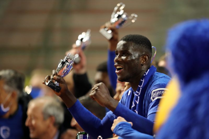 BRUSSELS, BELGIUM - APRIL 25: Paul Onuachu of KRC Genk celebrates after winning the Croky Cup Final match between Standard de Liege and KRC Genk on April 25, 2021 in Brussels, Belgium. Photo by Frank Abbloos/Isosport