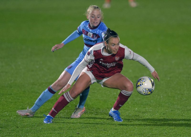 Grace Fisk of West Ham United in action with Caitlin Foord of Arsenal Arsenal Women v West Ham Women, The FA Women's Premier League, Football, Mead...
