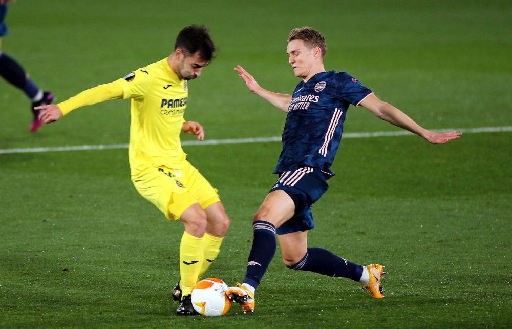 Estadio de la Ceramica - Villarreal's Manuel Trigueros and Arsenal's Martin Odegaard right battle for the ball during the UEFA Europa League Semi-F...