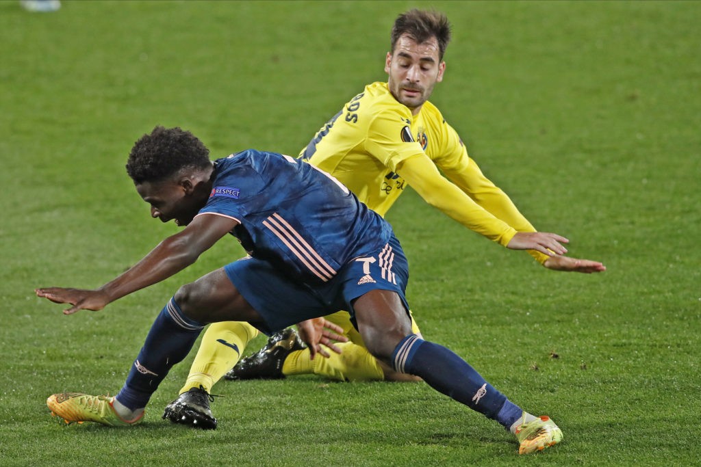 Bukayo Saka of Arsenal FC and Manu Trigueros of Villarreal CF during the UEFA Europa League match, Semifinal, between Villarreal CF and Arsenal FC played at La Ceramica Stadium on April 29, 2021. Copyright: Sergio Ruiz / PRESSINPHOTO