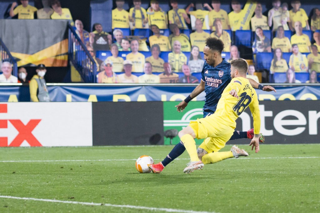 April 29, 2021, Villarreal, Spain: Alberto Moreno Perez of Villarreal CF and Pierre-Emerick Aubameyang of Arsenal FC are seen in action during the UEFA Europa League Semi-Final First Leg at Estadio de la Ceramica. Villarreal Spain. Copyright: Xisco Navarro