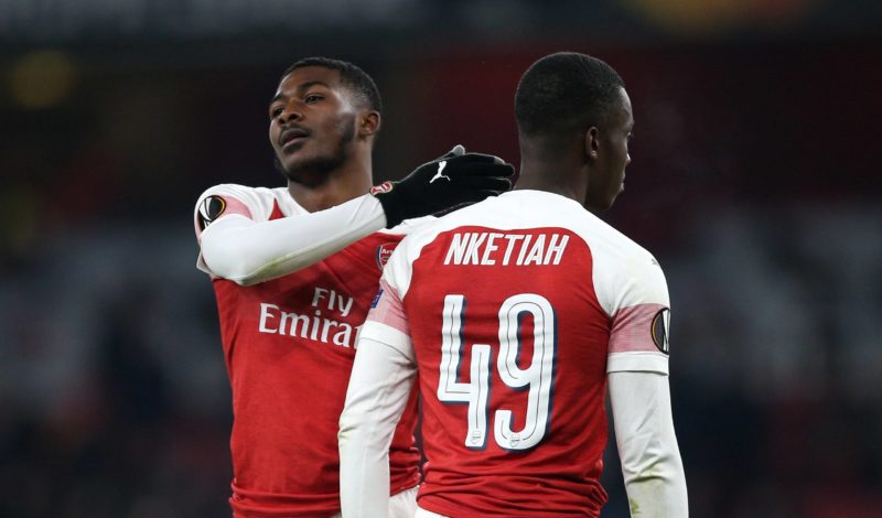 Arsenal v Qarabag - UEFA Europa League - Group E - Emirates Stadium Arsenal s Ainsley Maitland-Niles (right) and Arsenal s Eddie Nketiah celebrate ...