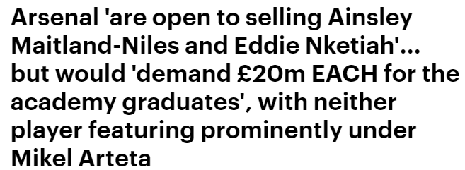 Arsenal to ask £40m for Maitland-Niles and Nketiah 3 Daily Mail 27 April 2021 Edie Nketiah Ainsley maitland-Niles