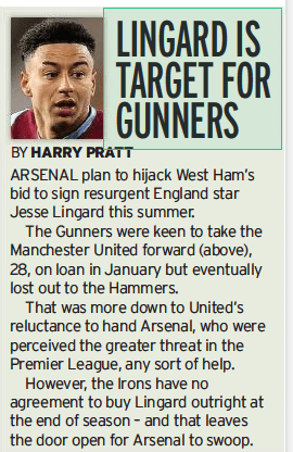 Jess Lingard to Arsenal? Sunday Mirror 11 April 2021