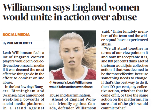 Leah Williamson backs social media boycott 2 Leah Williamson The Scotsman 13 April 2021