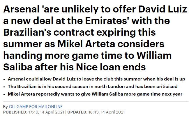 Daily Mail on David Luiz's contract