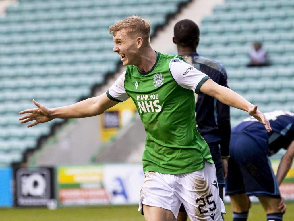 20th February 2021 Easter Road, Edinburgh, Scotland Scottish Premiership Football, Hibernian versus Hamilton Academical - Josh Doig of Hibernian celebrates after scoring Hibs' second goal. Photo: Alan Rennie