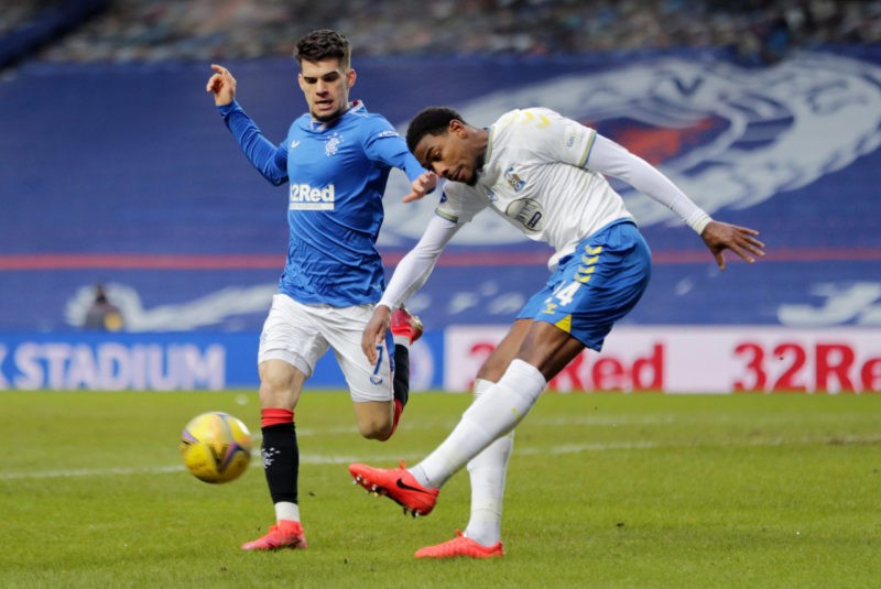 Zech Medley of Kilmarnock. Rangers v Kilmarnock, Scottish Premiership, Football, Ibrox Stadium, Glasgow, Scotland, UK - 13 Feb 2021 Rangers v Kilmarnock, Scottish Premiership, Football, Ibrox Stadium, Glasgow, Scotland, UK - 13 Feb 2021 Photo by Stuart Wallace/BPI/Shutterstock