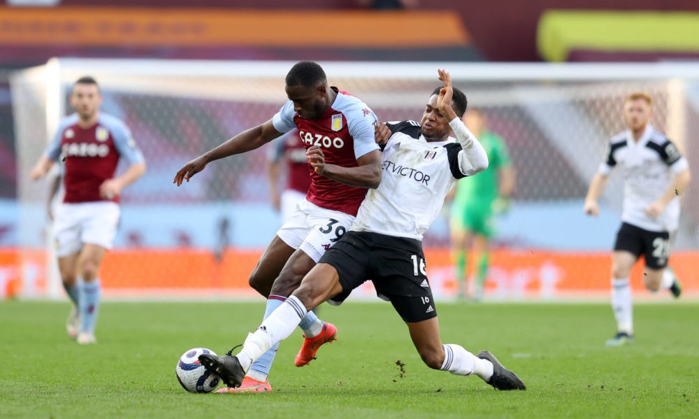 Aston Villa's Keinan Davis left and Fulham's Tosin Adarabioyo battle for the ball during the Premier League match at Villa Park, Birmingham. Pictur...