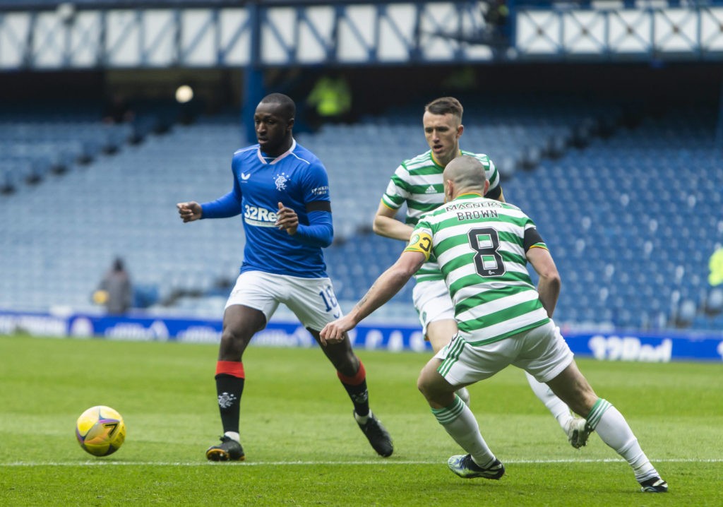 Rangers Midfielder Glen Kamara passes the ball - Rangers v Celtic, William Hill Scottish Cup, Fourth Round, Football, Ibrox Stadium, Glasgow, UK - 18 Apr 2021. Copyright: Luke Nickerson / Rangers FC / Shutterstock