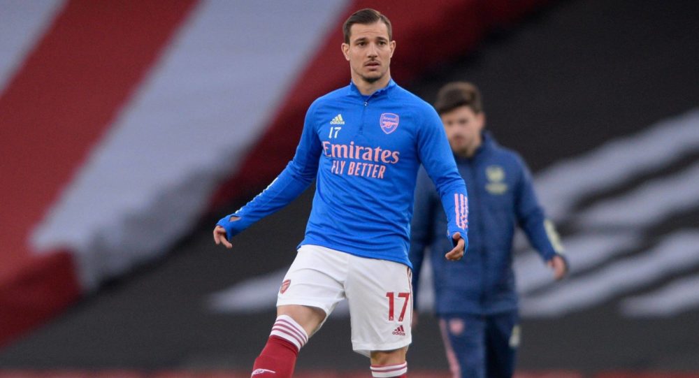 Cedric Soares of Arsenal during the warm-up before Premier League match between Arsenal and Everton at the Emirates Stadium in London - 23rd April ...