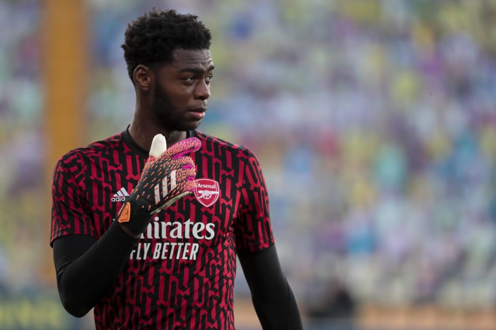 Villarreal CF v Arsenal - UEFA Europa League - Arsenal goalkeeper Arthur Okonkwo warming up before the UEFA Europa League match at Estadio de la Ce...