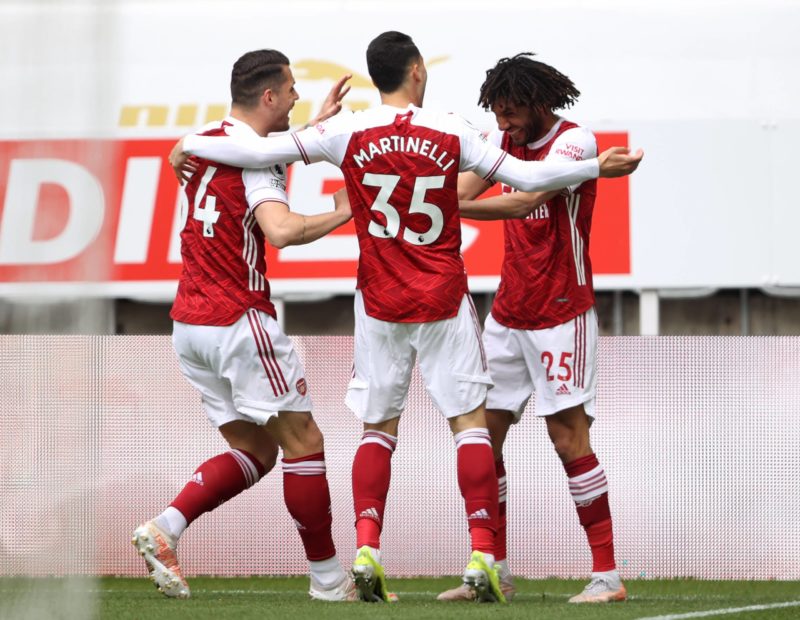 Newcastle United v Arsenal - Premier League - St James Park Arsenal s Mohamed Elneny right celebrates scoring their side s first goal of the game d...