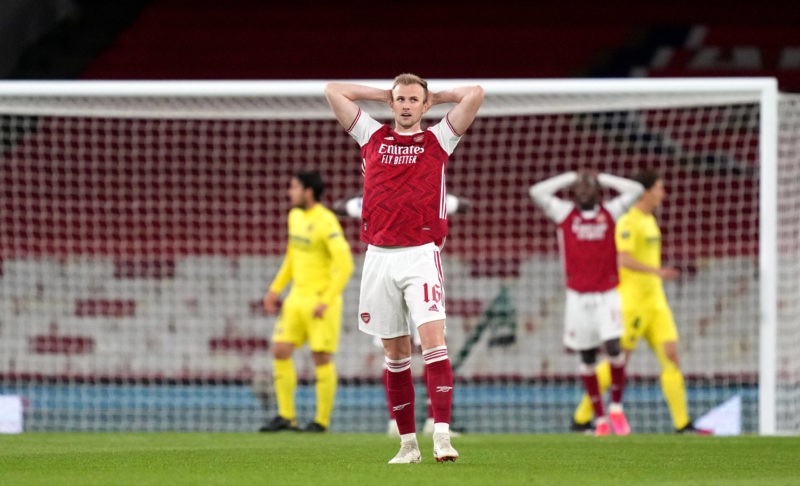 Arsenal v Villarreal - UEFA Europa League - Semi Final - Second Leg - Emirates Stadium Arsenal s Rob Holding reacts during the UEFA Europa League S...