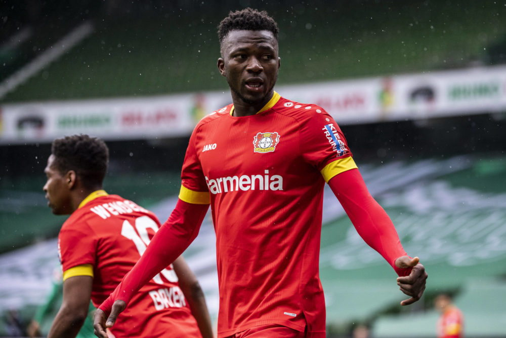 BREMEN, GERMANY: Edmond Tapsoba of Bayer 04 Leverkusen during the first Bundesliga match between SV Werder Bremen and Bayer 04 Leverkusen at Wohnin...