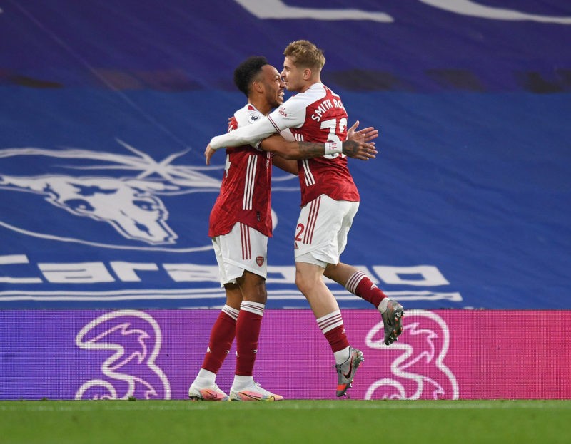 Chelsea v Arsenal - Premier League - Stamford Bridge Emile Smith-Rowe celebrates his goal with Pierre-Emerick Abameyang during the Premier League match at Stamford Bridge, London Copyright: Mark Pain