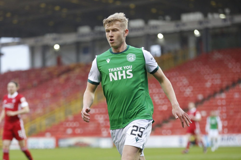 Josh Doig of Hibernian during the Scottish Premiership match between Aberdeen and Hibernian at Pittodrie Stadium, Aberdeen, Scotland on 12 May 2021...