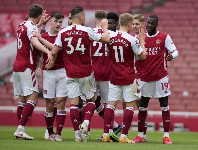 Nicolas Pepe celebrates scoring their side s second goal of the game during the Premier League match at the Emirates Stadium, London. Picture date:...