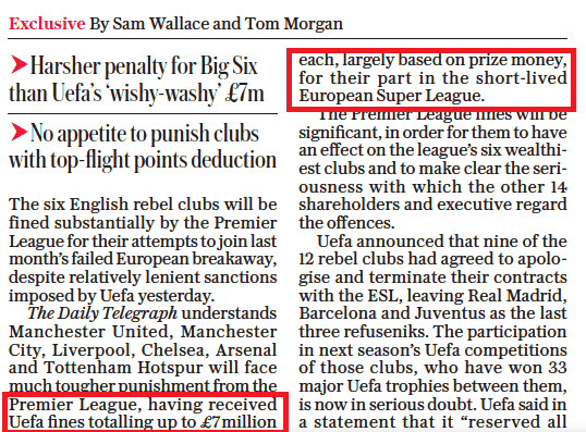 Arsenal fined £7m by UEFA for Super League nonsense 3 Daily Telegraph 8 May 2021