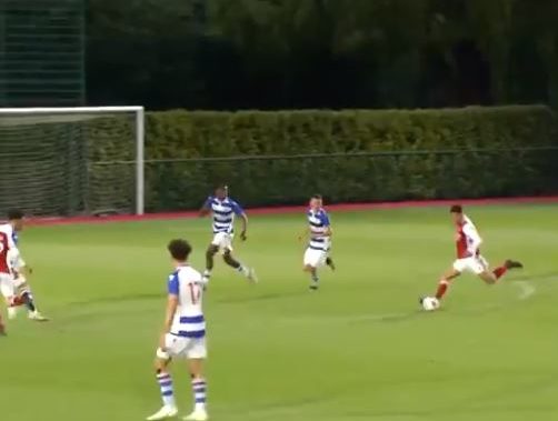 Ethan Nwaneri scoring for the Arsenal u18s vs Reading (via Arsenal Academy on Twitter)